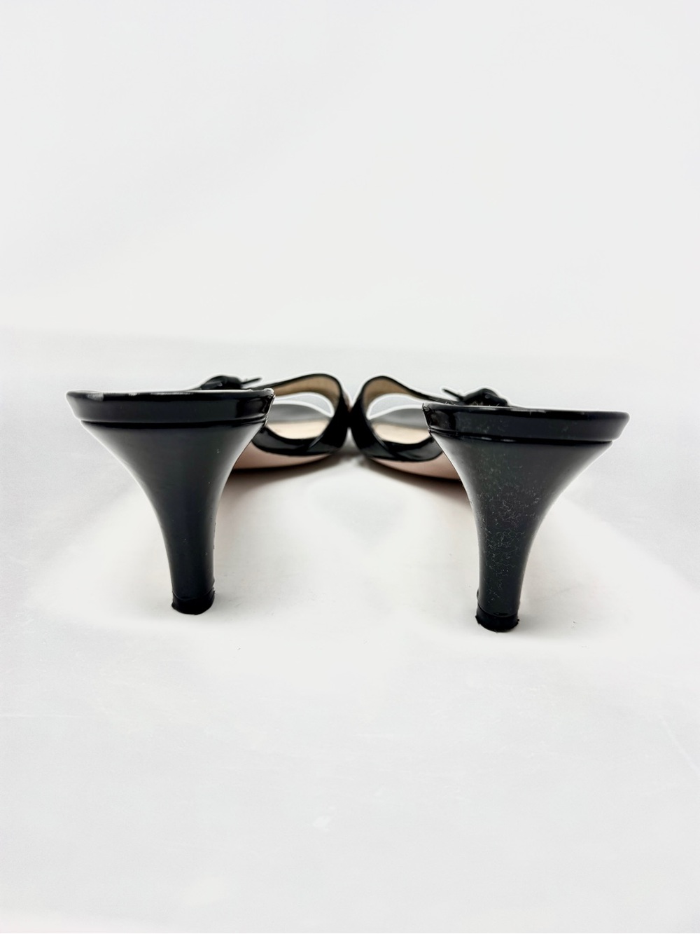 Prada Women's Black Brown Patent Leather Bow Kitten Heel Slide Mules Sandals - Picture 5 of 11